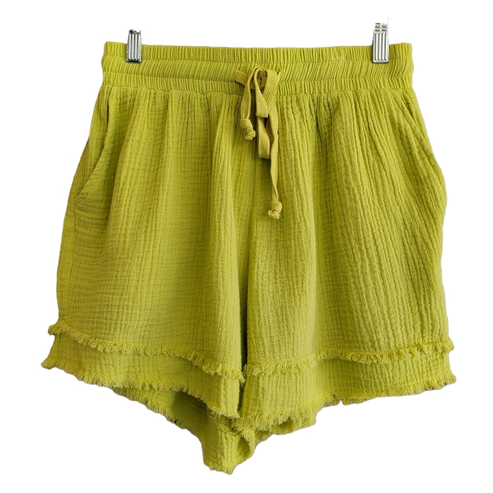 GiGiO Lime Green Yellow Summer Shorts Raw Hem Elastic Drawstring Pockets Gauze